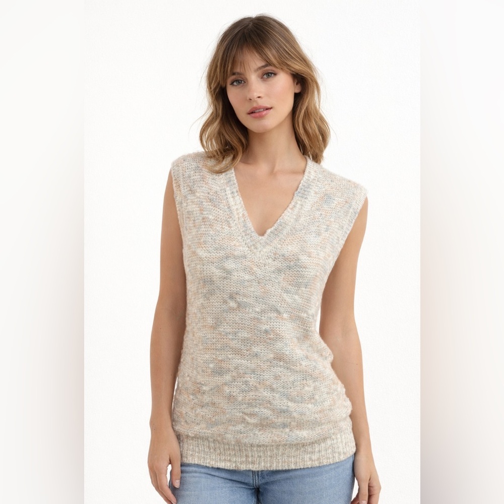 Vintage 80s Knit Sweater Vest Neutral Speckled V-Neck Sleeveless Boho Layering
